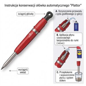 Schemat czyszczenia ołówka automatycznego Plattor: przedmuchiwanie rurki, aplikacja WD-40 od góry i płukanie mechanizmu